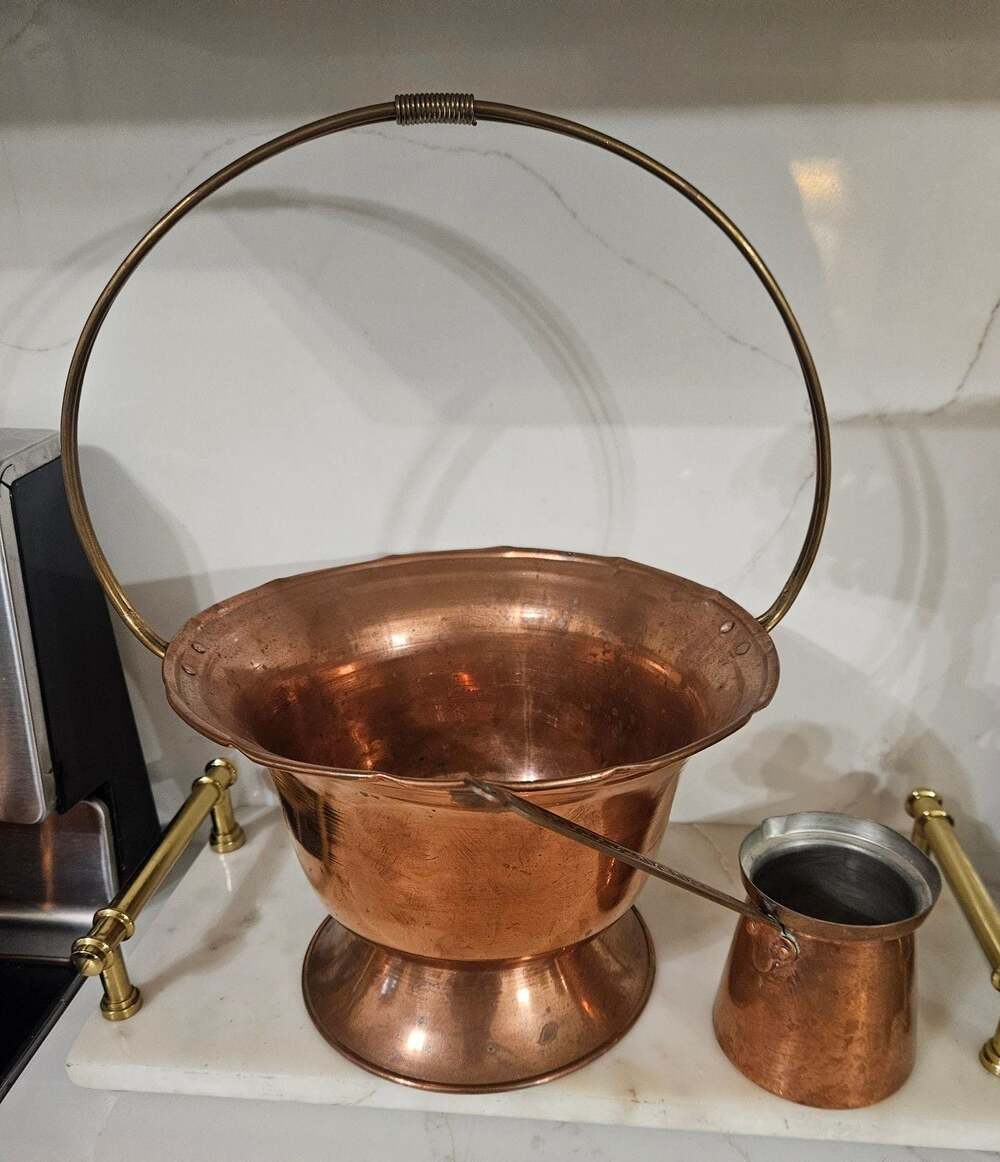 Vintage Hand-Hammered Copper Coal Scuttle Bucket with Matching Ladle